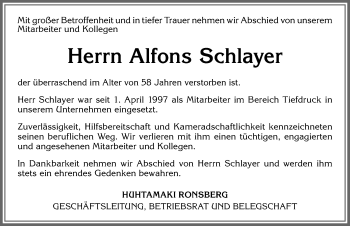 Traueranzeige von Alfons Schlayer von Allgäuer Zeitung, Marktoberdorf