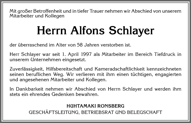  Traueranzeige für Alfons Schlayer vom 01.04.2021 aus Allgäuer Zeitung, Marktoberdorf