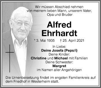 Traueranzeige von Alfred Ehrhardt von Memminger Zeitung