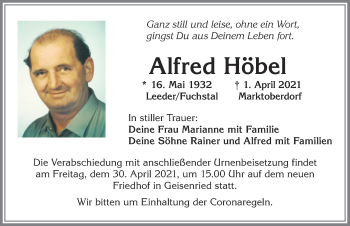 Traueranzeige von Alfred Höbel von Allgäuer Zeitung, Marktoberdorf