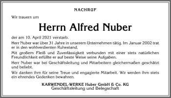 Traueranzeige von Alfred Nuber von Allgäuer Zeitung, Kaufbeuren/Buchloe