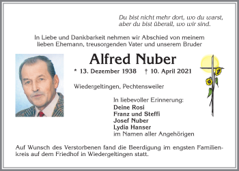 Traueranzeige von Alfred Nuber von Allgäuer Zeitung