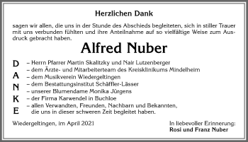 Traueranzeige von Alfred Nuber von Allgäuer Zeitung