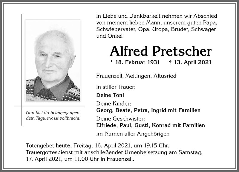  Traueranzeige für Alfred Pretscher vom 16.04.2021 aus Allgäuer Zeitung,Kempten