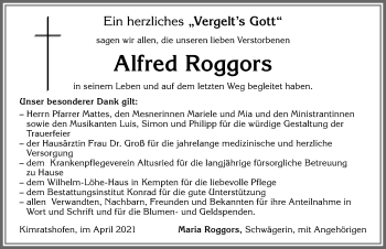 Traueranzeige von Alfred Roggors von Allgäuer Zeitung,Kempten