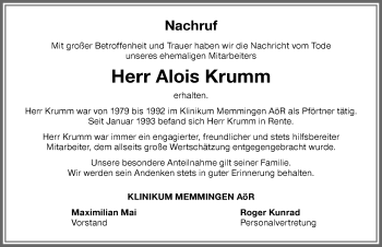 Traueranzeige von Alois Krumm von Memminger Zeitung