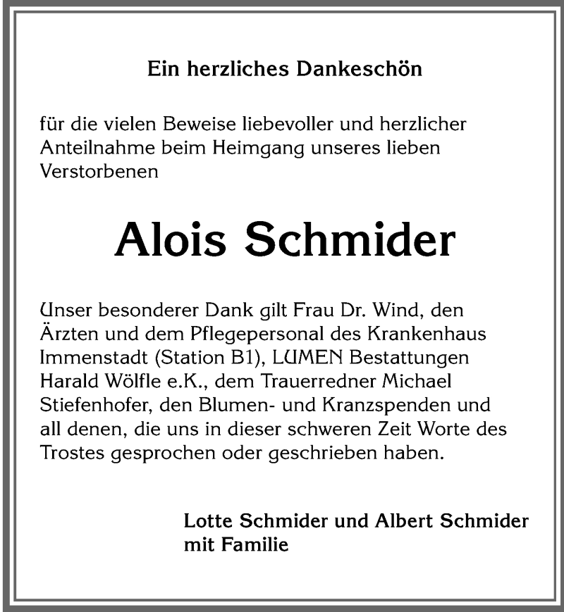  Traueranzeige für Alois Schmider vom 01.04.2021 aus Allgäuer Anzeigeblatt