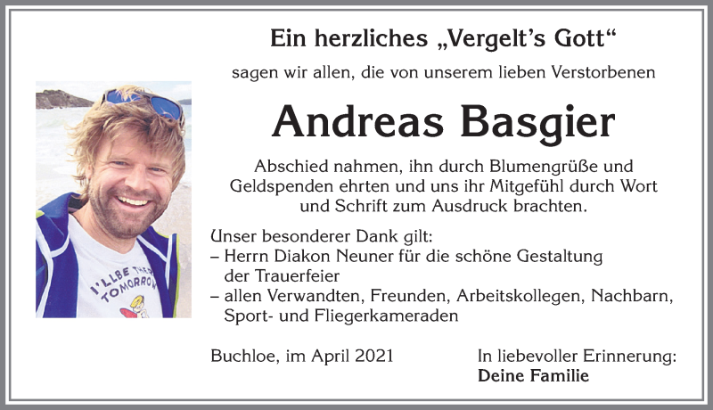  Traueranzeige für Andreas Basgier vom 24.04.2021 aus Allgäuer Zeitung, Kaufbeuren/Buchloe