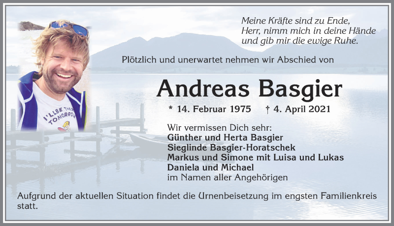  Traueranzeige für Andreas Basgier vom 10.04.2021 aus Allgäuer Zeitung, Kaufbeuren/Buchloe