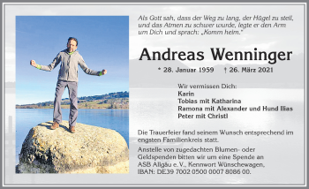 Traueranzeige von Andreas Wenninger von Allgäuer Zeitung,Kempten
