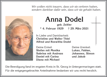 Traueranzeige von Anna Dodel von Allgäuer Zeitung, Kaufbeuren/Buchloe