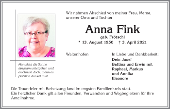 Traueranzeige von Anna Fink von Allgäuer Anzeigeblatt