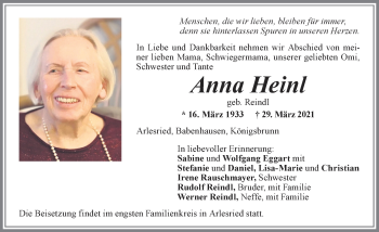 Traueranzeige von Anna Heinl von Memminger Zeitung