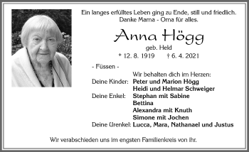 Traueranzeige von Anna Högg von Allgäuer Zeitung, Füssen