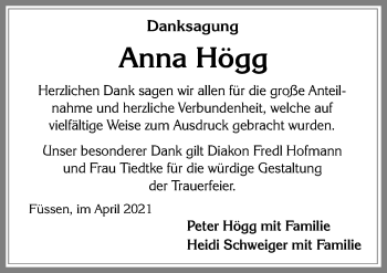 Traueranzeige von Anna Högg von Allgäuer Zeitung, Füssen