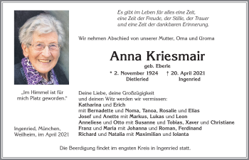 Traueranzeige von Anna Kriesmair von Allgäuer Zeitung, Marktoberdorf
