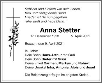 Traueranzeige von Anna Stetter von Memminger Zeitung