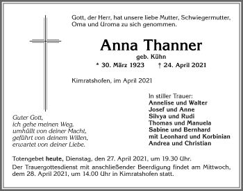 Traueranzeige von Anna Thanner von Allgäuer Zeitung,Kempten