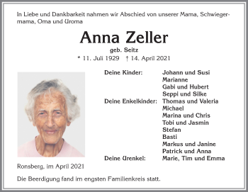 Traueranzeige von Anna Zeller von Allgäuer Zeitung, Marktoberdorf