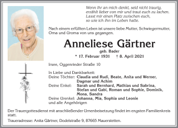 Traueranzeige von Anneliese Gärtner von Allgäuer Zeitung, Kaufbeuren/Buchloe