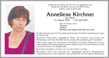 Traueranzeige von Anneliese Kirchner von Allgäuer Zeitung, Kaufbeuren/Buchloe