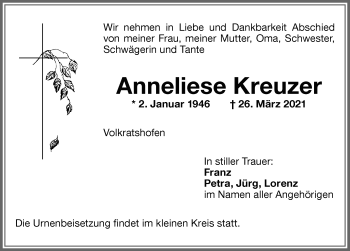 Traueranzeige von Anneliese Kreuzer von Memminger Zeitung