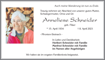 Traueranzeige von Anneliese Schneider von Allgäuer Zeitung, Füssen