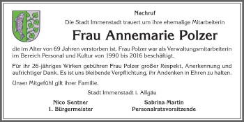 Traueranzeige von Annemarie Polzer von Allgäuer Anzeigeblatt