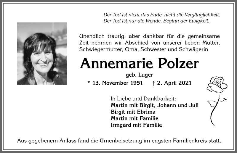  Traueranzeige für Annemarie Polzer vom 10.04.2021 aus Allgäuer Anzeigeblatt