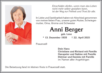 Traueranzeige von Anni Berger von Allgäuer Zeitung,Kempten