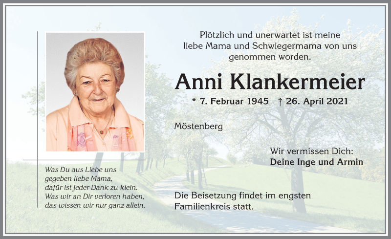  Traueranzeige für Anni Klankermeier vom 30.04.2021 aus Allgäuer Zeitung,Kempten