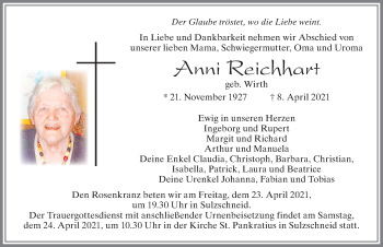 Traueranzeige von Anni Reichhart von Allgäuer Zeitung, Marktoberdorf