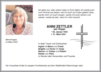 Traueranzeige von Anni Zettler von Memminger Zeitung