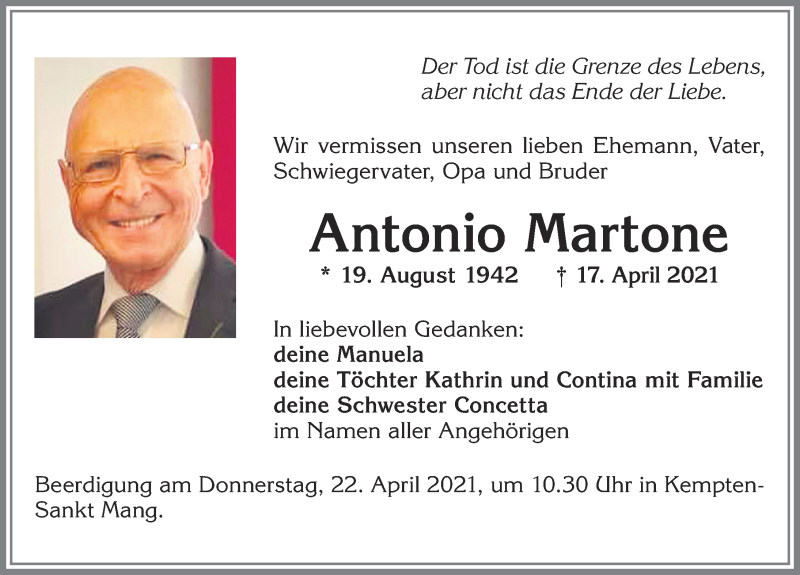  Traueranzeige für Antonio Martone vom 21.04.2021 aus Allgäuer Zeitung,Kempten