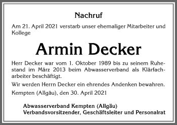 Traueranzeige von Armin Decker von Allgäuer Zeitung,Kempten