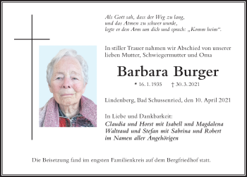 Traueranzeige von Barbara Burger von Der Westallgäuer