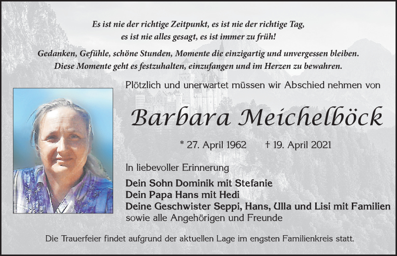  Traueranzeige für Barbara Meichelböck vom 24.04.2021 aus Allgäuer Zeitung, Marktoberdorf