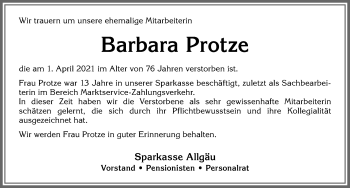 Traueranzeige von Barbara Protze von Allgäuer Zeitung