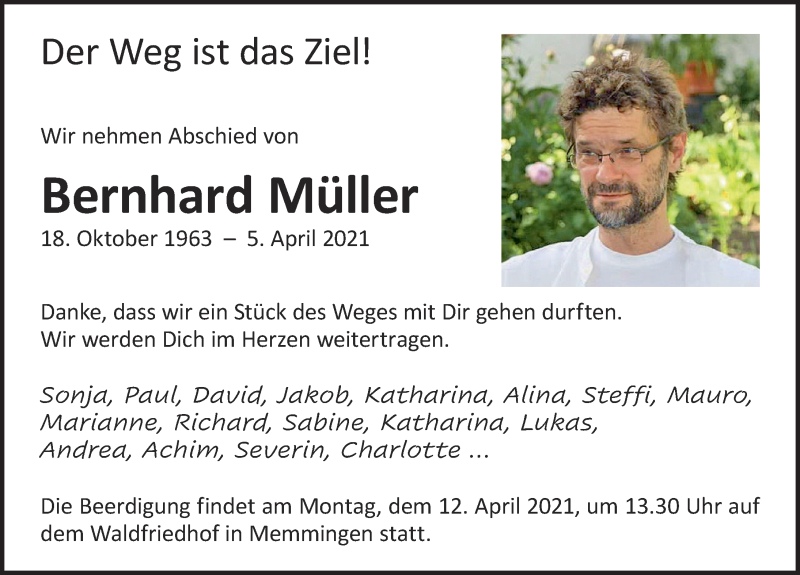  Traueranzeige für Bernhard Müller vom 08.04.2021 aus Memminger Zeitung