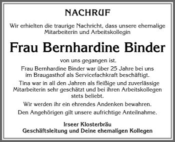Traueranzeige von Bernhardine Binder von Allgäuer Zeitung, Kaufbeuren/Buchloe
