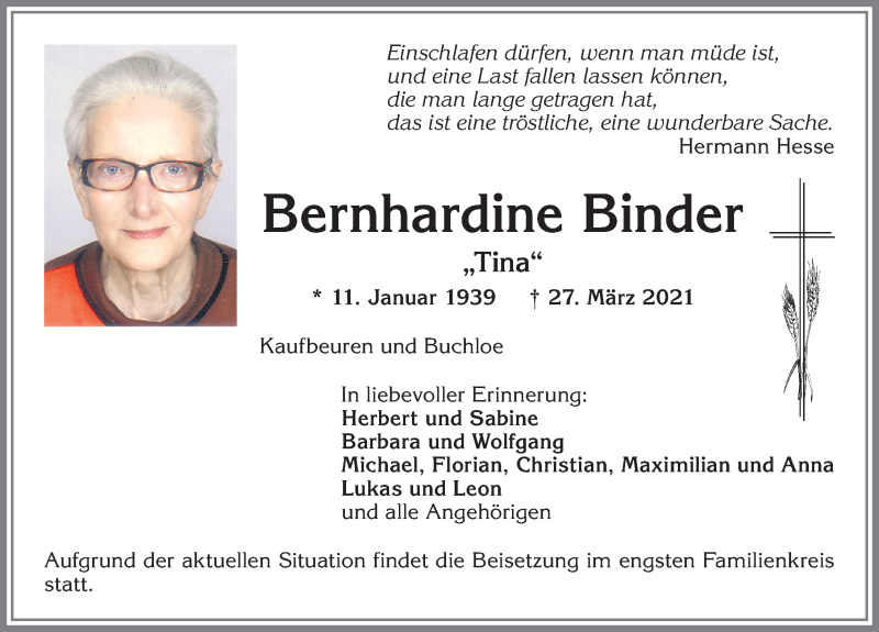  Traueranzeige für Bernhardine Binder vom 03.04.2021 aus Allgäuer Zeitung, Kaufbeuren/Buchloe