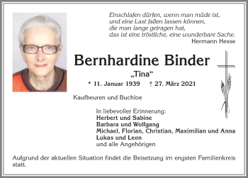Traueranzeige von Bernhardine Binder von Allgäuer Zeitung, Kaufbeuren/Buchloe