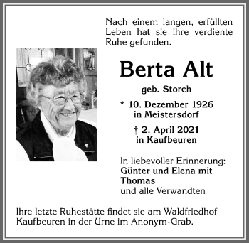 Traueranzeige von Berta Alt von Allgäuer Zeitung, Kaufbeuren/Buchloe