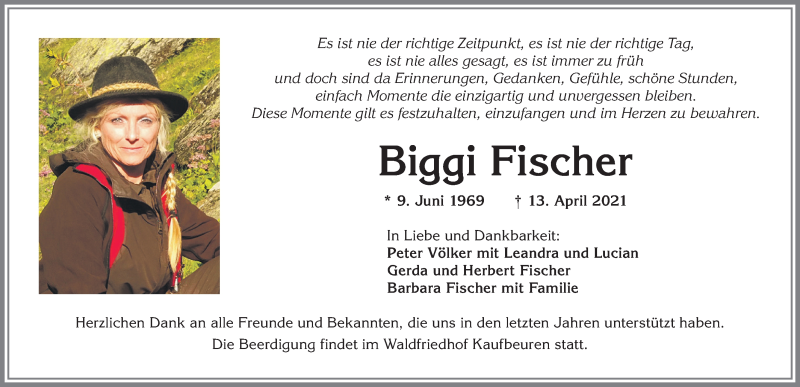  Traueranzeige für Biggi Fischer vom 17.04.2021 aus Allgäuer Zeitung