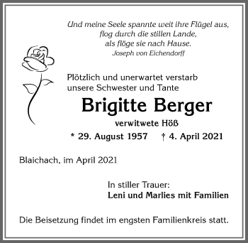 Traueranzeige von Brigitte Berger von Allgäuer Anzeigeblatt