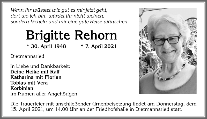  Traueranzeige für Brigitte Rehorn vom 10.04.2021 aus Allgäuer Zeitung,Kempten