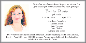 Traueranzeige von Britta Panje von Allgäuer Zeitung, Marktoberdorf