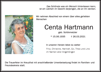 Traueranzeige von Centa Hartmann von Allgäuer Zeitung,Kempten