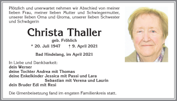 Traueranzeige von Christa Thaller von Allgäuer Anzeigeblatt