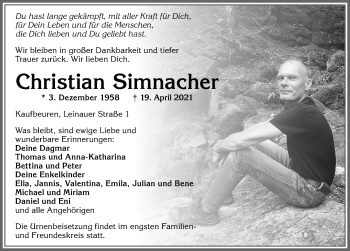 Traueranzeige von Christian Simnacher von Allgäuer Zeitung, Kaufbeuren/Buchloe